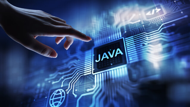 Java programming language application and web development concept on virtual screen.