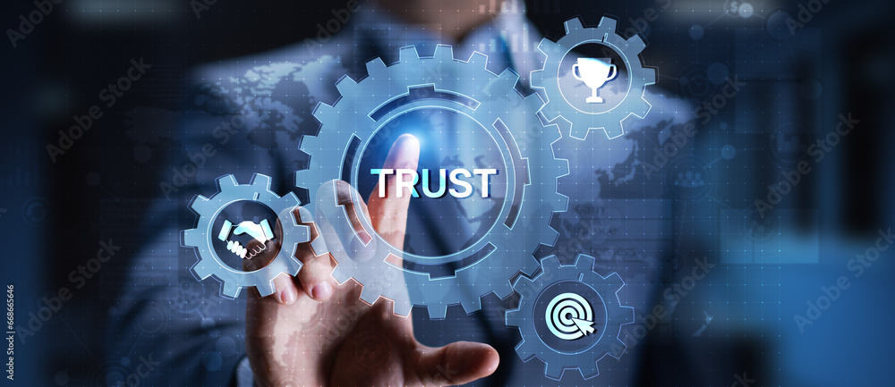 Poster trust customer relations reliability business concept. pointing and pressing on virtual screen.