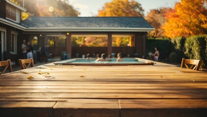 Fototapeta premium Empty wooden table top with swimming pool in background with bokeh autumn sunlight. Generative Ai.
