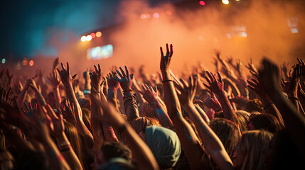 Hands in The Air of A Crowd at A Music Festival At Sunset Blurry Background