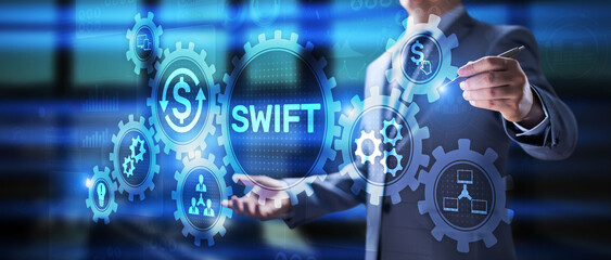 SWIFT Society for Worldwide Interbank Financial Telecommunications money transfer  banking technology concept.