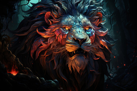 A majestic Transvaal Lion silently stalking its prey through the misty, ancient ruins of a temple, the crumbling stones and overgrown vegetation creating a sense, Generative Ai