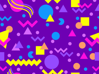 Geometric seamless pattern with memphis elements in 80s style. Colorful geometric pattern. Design of promotional products, wrapping paper and printing. Vector illustration