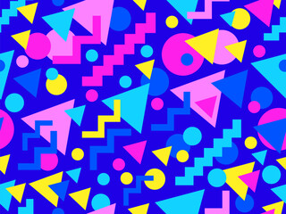 Geometric seamless pattern with memphis elements in 80s style. Colorful geometric pattern. Design of promotional products, wrapping paper and printing. Vector illustration