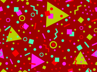 Geometric seamless pattern with memphis elements in 80s style. Colorful geometric pattern. Design of promotional products, wrapping paper and printing. Vector illustration