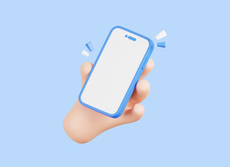 3D Cartoon hand holding mobile smartphone with empty screens mock up.