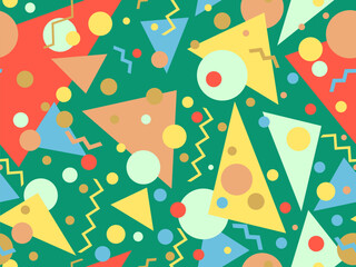 80s seamless pattern with geometric shapes in memphis style. Circles and triangles. Colorful abstract background for printing on promotional items, banners and wrapping paper. Vector illustration