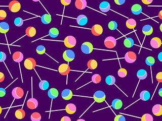 Lollipop seamless pattern. Colorful lollipop in flat style. Colored candies. Festive design for banners, wrapping paper, wallpaper and promotional items. Vector illustration