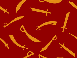 Silhouettes of swords seamless pattern. Curved and straight swords. Ancient and medieval weapons, scimitar and gladius. Design for wallpapers, banners and posters. Vector illustration