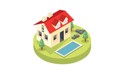 isometric house and swimming pool.on white background.3D design.isometric vector design Illustration.