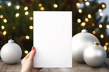 christmas card with baubles and christmas light