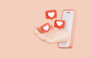 3D cartoon hand with likes or hearts symbol coming out from the mobile phone.