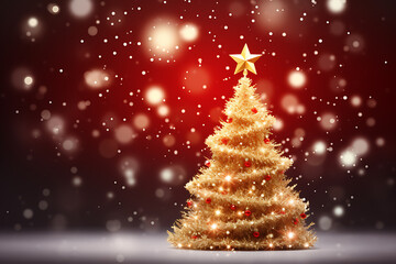 Gold Christmas tree with red bokeh background