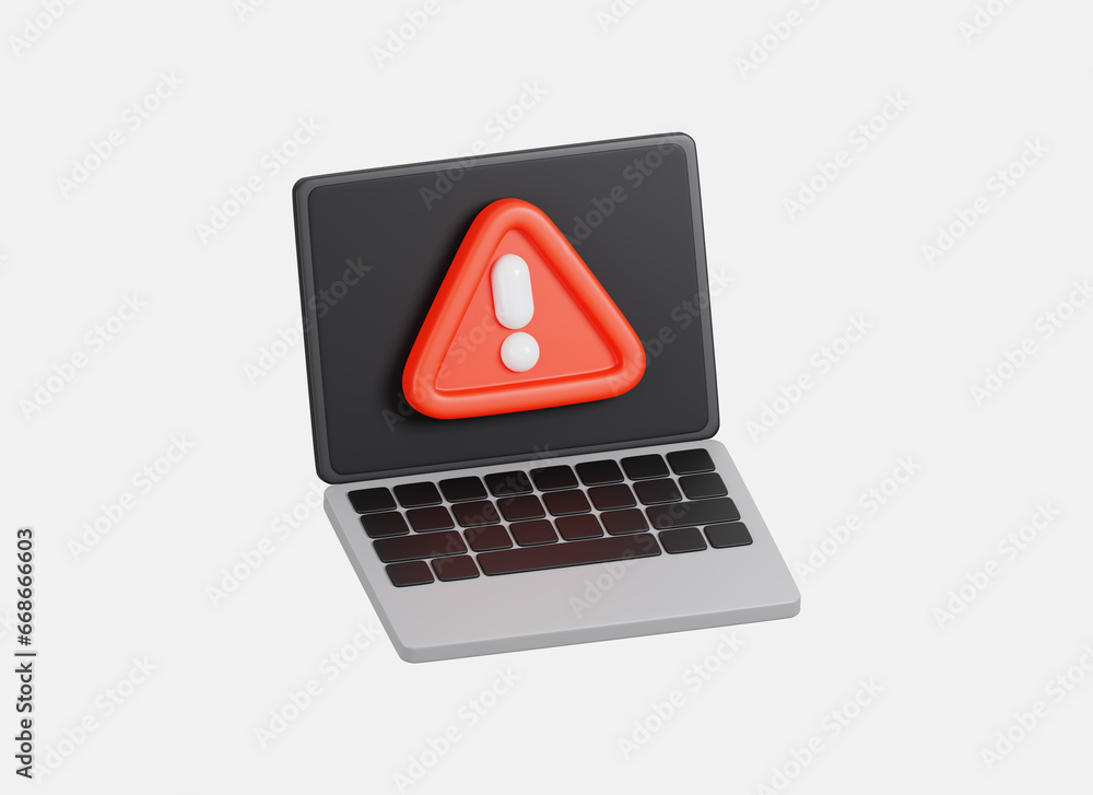 Poster 3d icon of notebook laptop screen displays an warning or alert notifications.