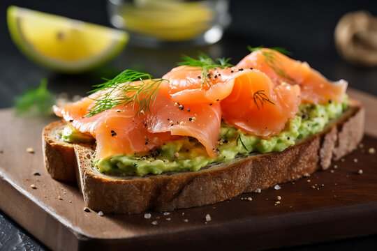 sandwiches with smashed avocado and smoked salmon on a toast