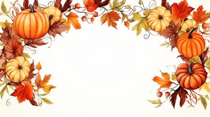 Naklejka na ściany i meble Thanksgiving Watercolor Border Frame Harvest Autumn Foliage Celebration with Festive Leaves on a white background