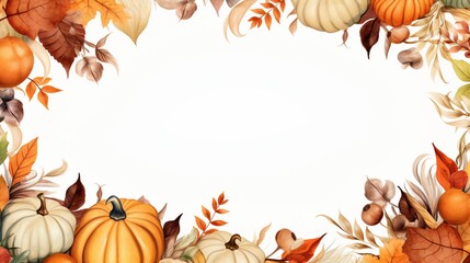 Thanksgiving Watercolor Border Frame Harvest Autumn Foliage Celebration with Festive Leaves on a white background