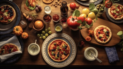 Fototapeta premium An enticing overhead shot showcases homemade pizzas laden with fresh toppings, set on a rustic wooden table amidst tomato vines, olive oil, and other delightful ingredients. generative AI