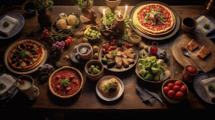 Fototapeta premium Mouthwatering homemade pizzas, loaded with fresh ingredients, steal the show in this atmospheric food ensemble. Generative AI
