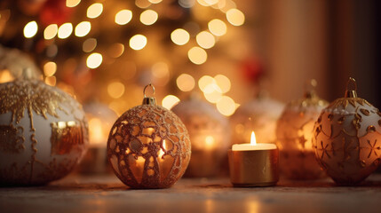 Ornate Christmas baubles gleam in candlelight against a backdrop of shimmering lights. generative AI