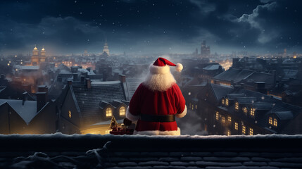 Santa, atop a city roof, readies gifts amid a snowy urban backdrop under a moonlit sky. generative AI