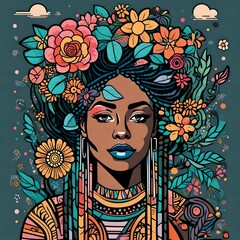 cartoon portrait of a black gorgeous woman with colored flowers surrounding her and on her head