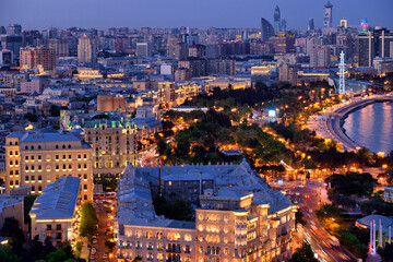 Aerial view of  illuminated Baku city at evening time