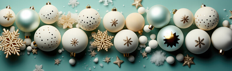 Banner flat lay white balls on the Christmas tree and snowflakes on a turquoise background