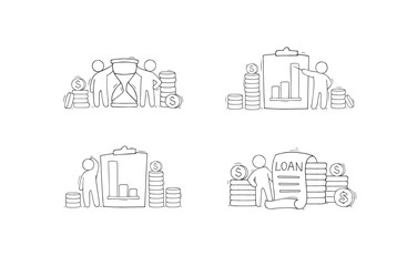 Set - money concepts with sand clock, graph on clipboard, gold coins stacks. Icon of business, economy, deposit or investment with doodle men with money and loan, vector hand drawn illustration