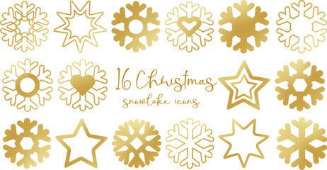 vector set of golden metallic snowflakes isolated on white background. christmas shiny snowflakes collection. new year silhouettes of winter snowflakes