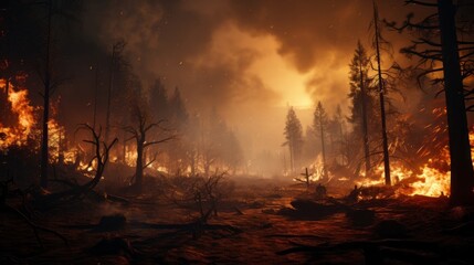 Smoky burned forest in fire. Generative AI.