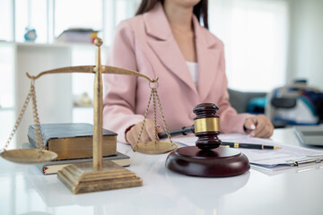 judge's gavel in law office is placed on table to symbolize judge deciding lawsuit. gavel wood on...