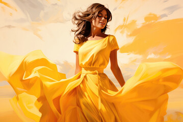 Fototapeta na wymiar Happy young woman in yellow dress dancing