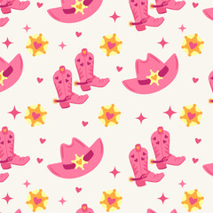 Pink cowgirl seamless print, pattern with cowgirl boots and hat. Wild West fashion style vector for invitation, wrapping paper, packaging etc.