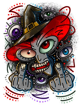 Witch vampire character on transparent background for Halloween printing