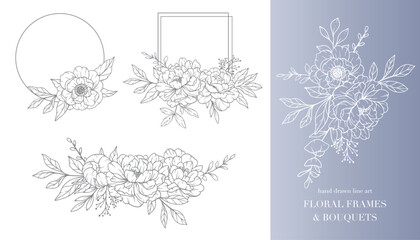 Peony Flower Line Art. Floral Frames and Bouquets Line Art. Fine Line Peony Frames Hand Drawn Illustration. Hand Draw Outline Leaves and Flowers. Botanical Coloring Page. Outline peony Isolated - obrazy, fototapety, plakaty