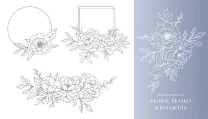 Fotobehang Peony Flower Line Art. Floral Frames and Bouquets Line Art. Fine Line Peony Frames Hand Drawn Illustration. Hand Draw Outline Leaves and Flowers. Botanical Coloring Page. Outline peony Isolated © Xenia