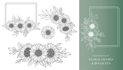 Sunflowers Line Art, Sunflower Frames. Floral Frames and Bouquets Line Art. Fine Line Sunflower Bouquets Hand Drawn Illustration. Coloring Page with SunFlowers. 