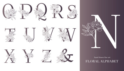 Floral Alphabet Line Art Illustration. Floral Monogram Hand Drawn 