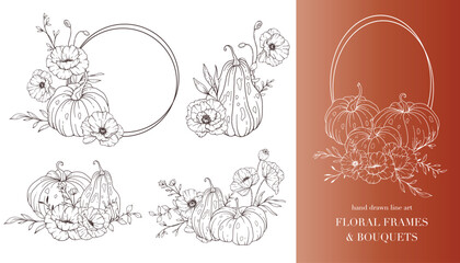 Pumpkins with Wildflowers Line Art Illustration, Outline Pumpkin arrangement Hand Drawn Illustration. Coloring Page with Pumpkins.  Thanksgiving Pumpkins Frame. Thanksgiving Pumpkins set