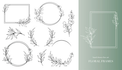 Eucalyptus Line Art. Floral Frames and Bouquets Line Art. Fine Line Eucalyptus Frames Hand Drawn Illustration. Hand Draw Outline Leaves and Flowers. Botanical Coloring Page. Eucalyptus Isolated