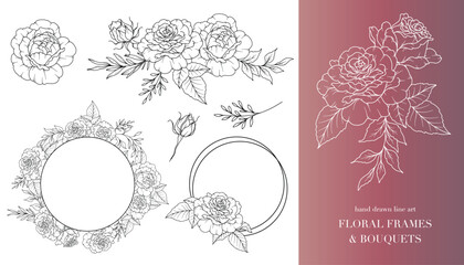 Rose Flower Line Art. Floral Frames and Bouquets Line Art. Fine Line Roses Frames Hand Drawn Illustration. Hand Draw Outline Leaves and Flowers. Botanical Coloring Page. Roses peony Isolated