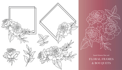Rose Flower Line Art. Floral Frames and Bouquets Line Art. Fine Line Roses Frames Hand Drawn Illustration. Hand Draw Outline Leaves and Flowers. Botanical Coloring Page. Roses peony Isolated © Xenia