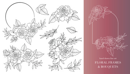 Rose Flower Line Art. Floral Frames and Bouquets Line Art. Fine Line Roses Frames Hand Drawn Illustration. Hand Draw Outline Leaves and Flowers. Botanical Coloring Page. Roses peony Isolated