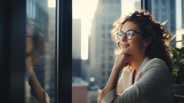 A cinematic perspective of a businesswoman with glasses, leaning against her office window, her thoughtful expression hinting at the satisfaction of successfully overcoming challenges in her work