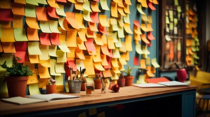Sticky notes board in office. Many different. Generative AI.