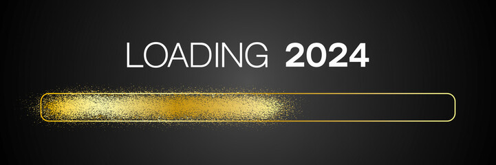 Illustration of a loading bar in gold with the message loading 2024 over dark background - new year concept - represents the new year 2024. - obrazy, fototapety, plakaty