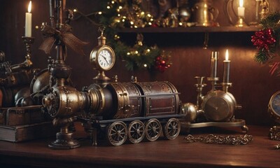 Fototapeta na wymiar New Year in steampunk style. Mechanisms, gears and Christmas decorations