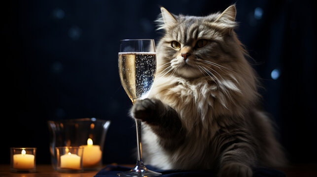 A cat in a suit and tie with a glass. Generative AI