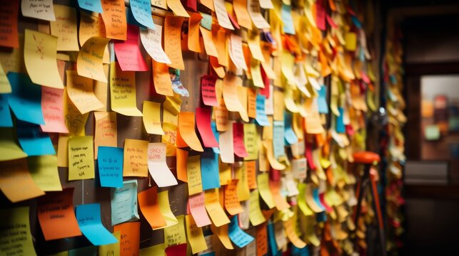 Sticky notes board in office. Many different. Generative AI. © ProVector